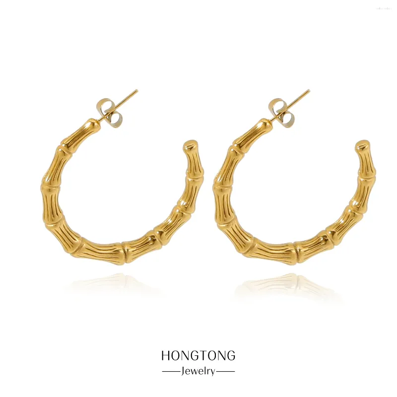 Hoopörhängen Hongtong C-cirkle Hoops för kvinnor oregelbundna bambu leder rostfritt stål smycken mode söt charm tjej tillbehör