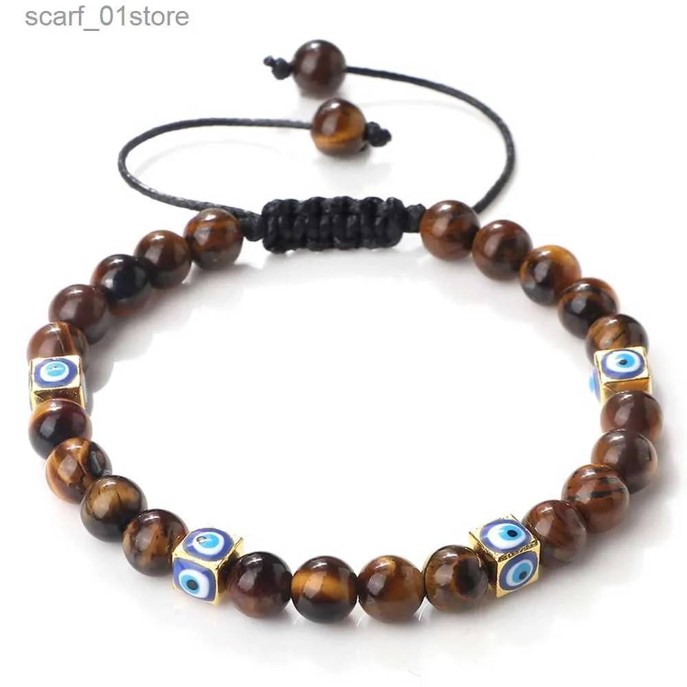 Łańcuchowa moda Blue Evil Eye Bransoletka dla pary Regulowana Lucky Chain Bangles Biżuteria 6 mm Tiger Eye Kamienne koraliki Mężczyźni Braceletsl231115