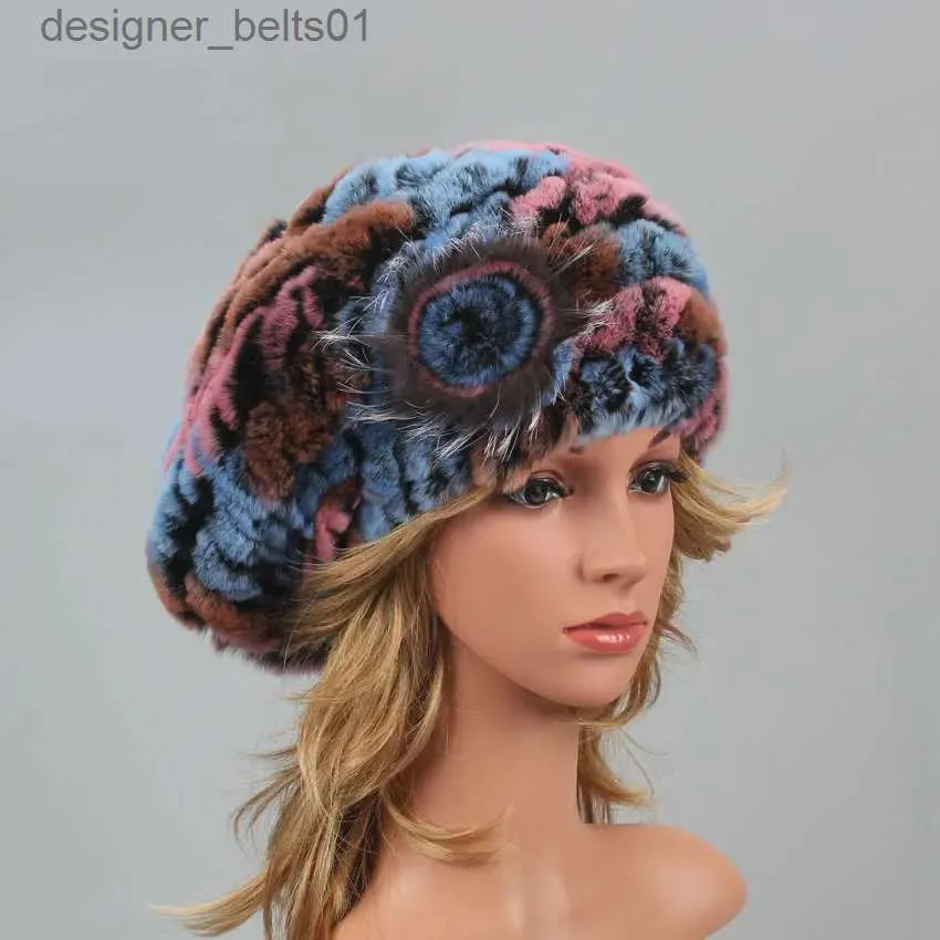 Bérets Bérets pour femmes véritable chapeau de fourrure de lapin hiver casual chaud bonnet tricoté pour les filles mode féminine en plein air grand dames Volume HatsL231115