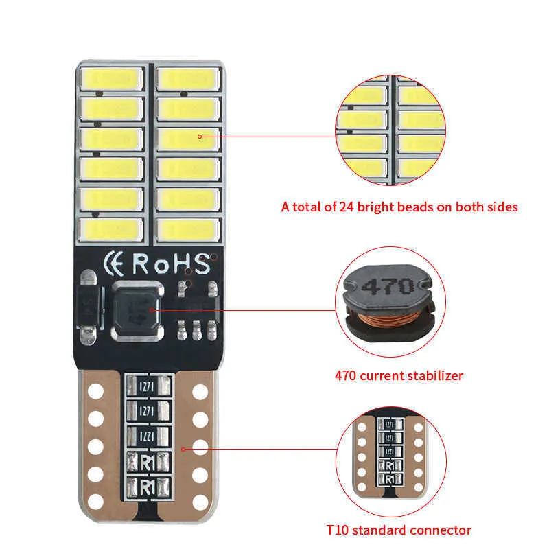 10Pcs T10 LED Bulb Canbus Car W5W LED Signal Light 12V 4014 24SMD