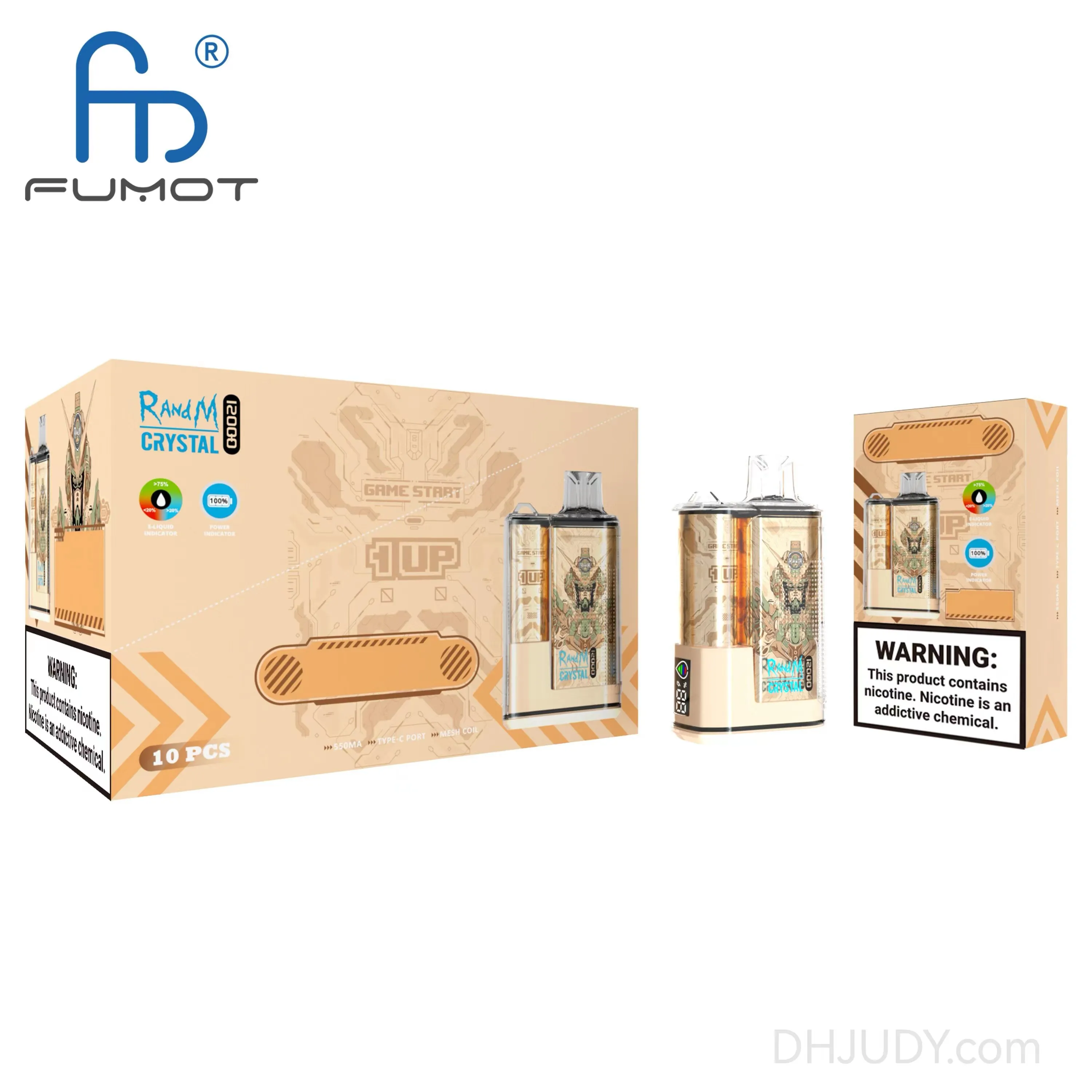 Hot Selling Fumot Crystal 12000Puffs, engångsvapet 20 ml, 16 flavorer, mesh -spole, 650 mAh uppladdningsbar, 0%, 2%, 3%, 5%nikotin Välj.