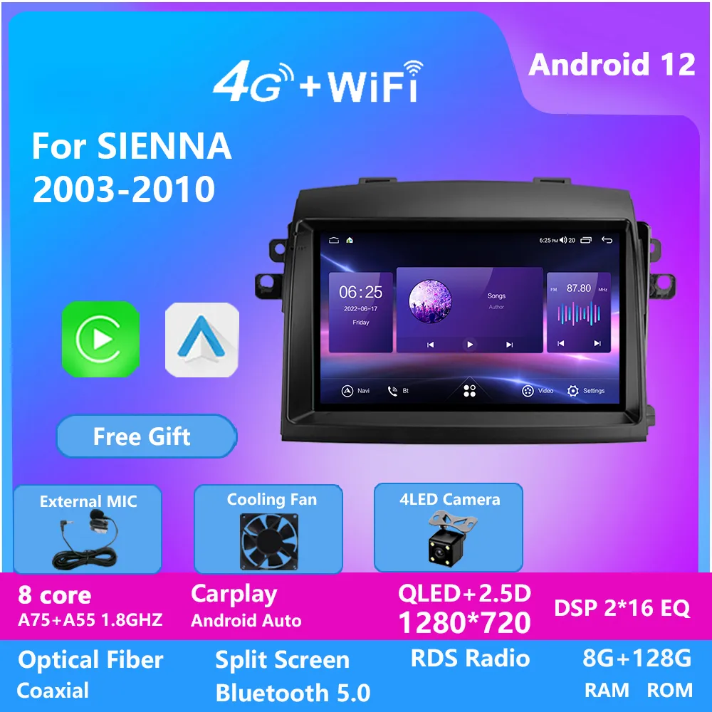 Android 12 Wideo dla Toyota Sienna 2003-2010 Carplay Car Radio Multimedia Player Nawigacja GPS 2 Din Autoradio