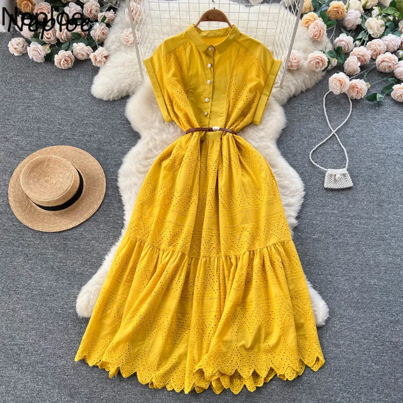 Casual Dresses Sweet Elegant Fragrance Style Robes French Hollow Out Slim Waist Dress Femme Sleeveless Pleated A-Line Long Vestidos 2023