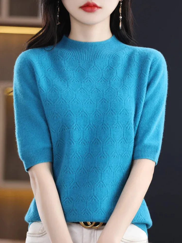 Women's Sweaters Spring Summer 100% Merino Wool Pullover Sweater For Women Half-sleeve Mock-neck Hollow Cashmere Knitwear Female Clothing Fashion 231115
