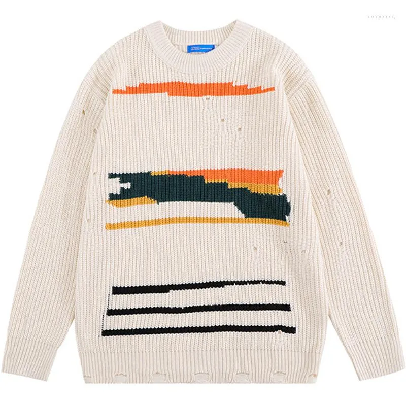 Herrtröjor män kvinnor färgblock jacquard besättning hals stickad tröja randig rippad jumper lös preppy tonåring enkel svart pullover 2023