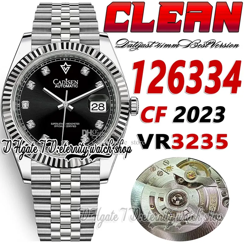 Clean CF cf126334 VR3235 Orologio da uomo automatico 41MM Lunetta scanalata Quadrante nero Marcatori di diamanti Moissanite 904L JubileeBracciale in acciaio Super Edition Orologi per l'eternità