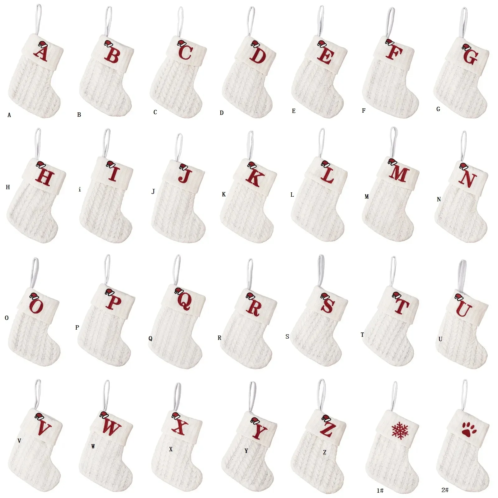 Vita färg julstrumpor som stickar snöflinga bokstäver Strumpa juldekoration för hem Xmas trädprydnadsgåvor