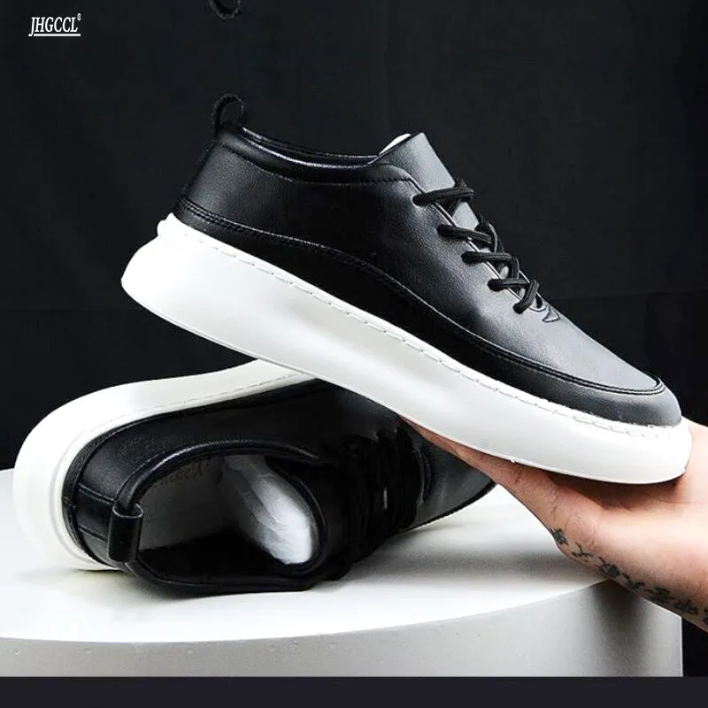 White Soft Men's Small Leather Thick Sole Korean Version of Sports Leisure Board Cowhide Casual Elastic Shoes A7 7273