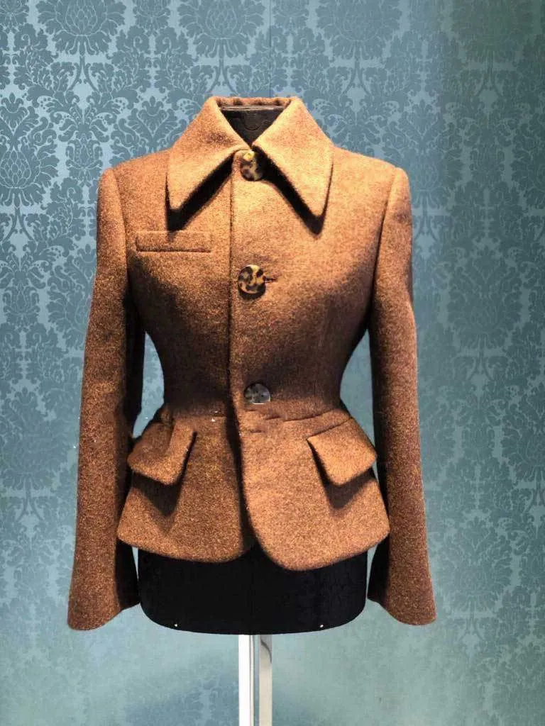 2024 Autumn/Winter New Miu-m Brown Wool Coat Women's Waist Small Fragrance Short Style Single breasted Temperament Women's Coat