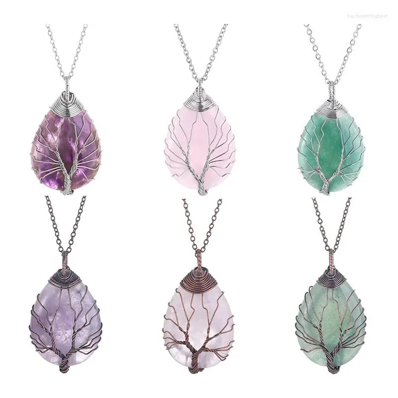 Collares pendientes 1 pieza de alta calidad cristal Natural en forma de gota árbol de la vida cuarzo cobre alambre herida energía collar