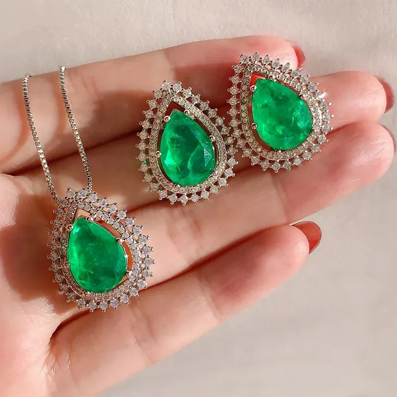 Wedding Jewelry Sets QXTC Pear-Shape Paraiba Tourmaline Emerald Gemstone Lab Diamond Pendant Necklace Stud Earrings Jewelry Sets Gifts for Women 231115