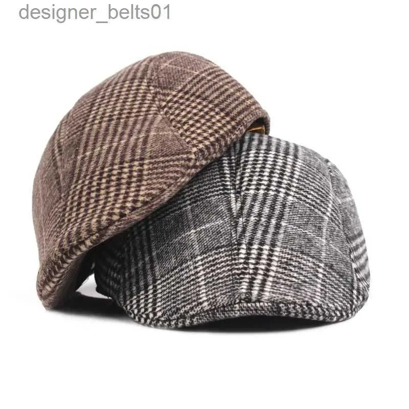 Berets Men's Cotton Plaid Berets Caps Middle-Aged Autumn Winter Hats Boina Herringbone Newsboy Baker Boy Hat Women Tweed Flat CapL231115