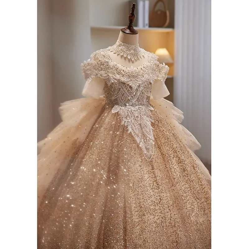 Gold Crystal Tutu Gold flower dress with Pearls Necklace, Lace Beading, and Tulle Skirt - Perfect for Lilttle Kids Birthday, Pageant, Multilayer
