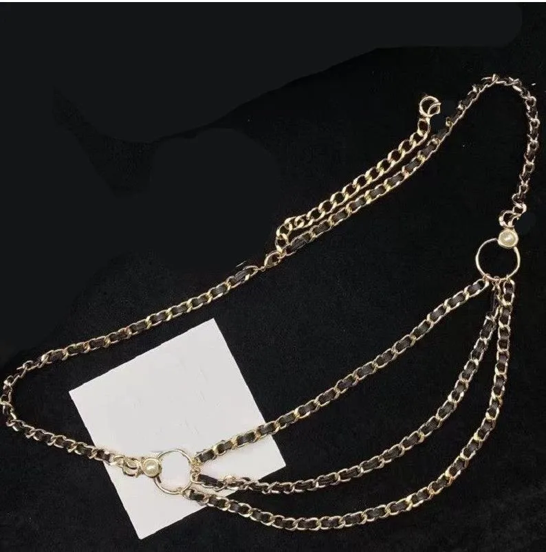 Pendant Necklaces European and American high-quality popular jewelry twist chain black sheepskin belt with half piece pearl multi-layer waist chain