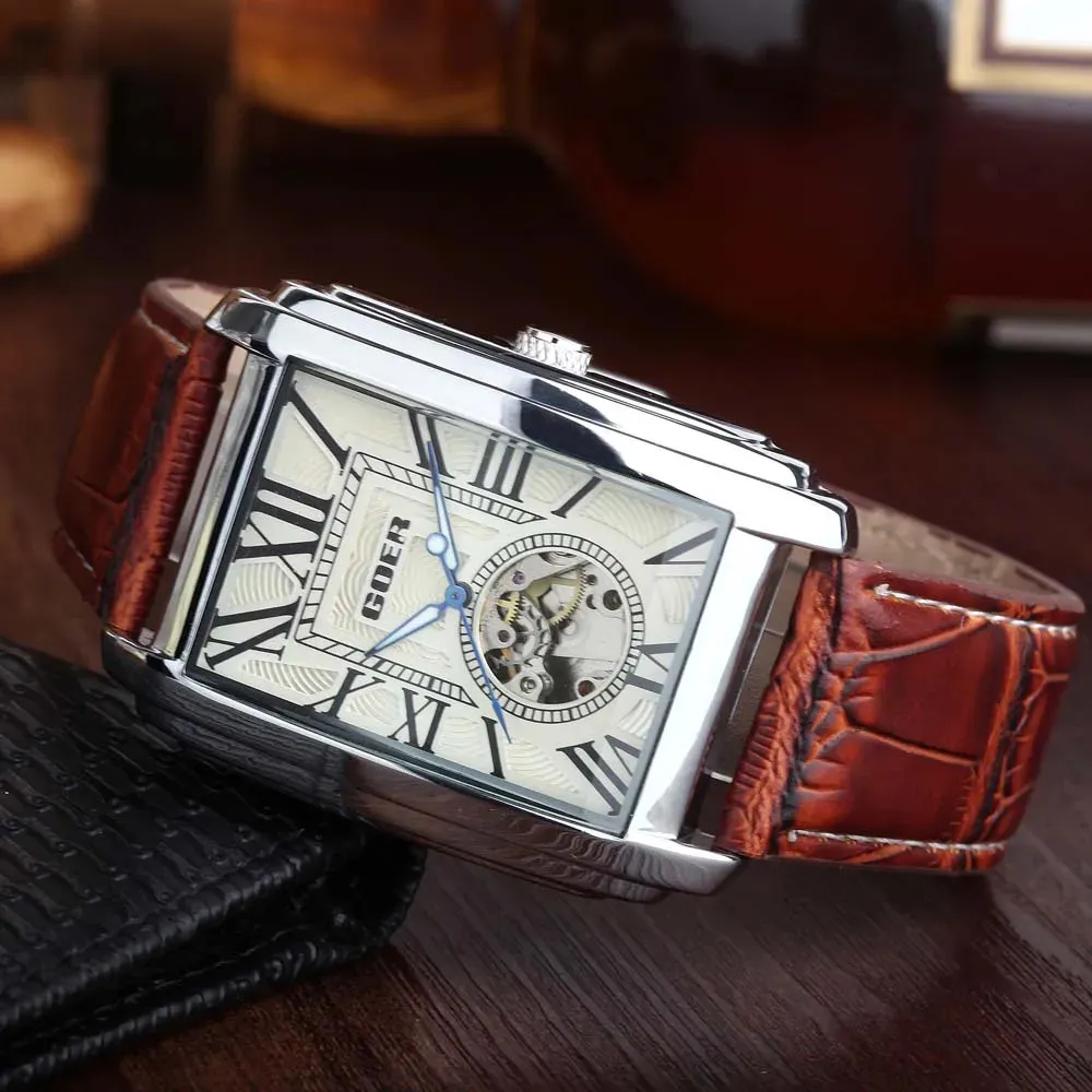 Mens Fashion Rectangle Skeleton Automatic Mechanical Classic Wristwatch With Leather Band Goer Reloj Hombre 231115 From Zhengrui02 15.26 DHgate.Com