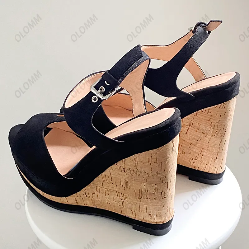 Olomm Real Photos Handmade Damen T-Strap Sandalen Faux Suede Wedges Heels Peep Toe Elegant Black Party Dress Schuhe Größe 35 47 52