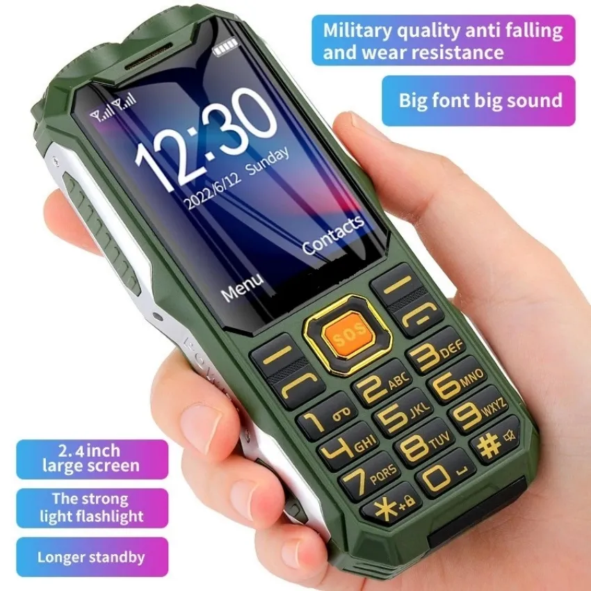 Unlocked Outdoor Quad Band GSM 2G Rugged Mobile Telefon Big Battery Double Lampe 2.4Im HD Screen Dual SIM Large Button Mobiltelefon för äldre