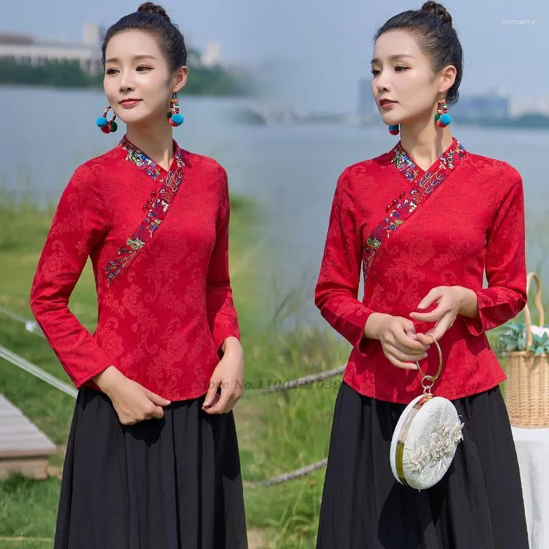 Etniska kläder 2023 Retro Cheongsam Top Women Vintage Chinese Style Shirt National Flower Brodery Hanfu China Traditionell tangdräkt
