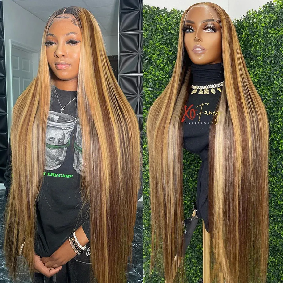 Synthetic s Highlight Brown Straight Lace Front Human Hair For Women Clre Pre Plucked Honey Blonde Colored 231114