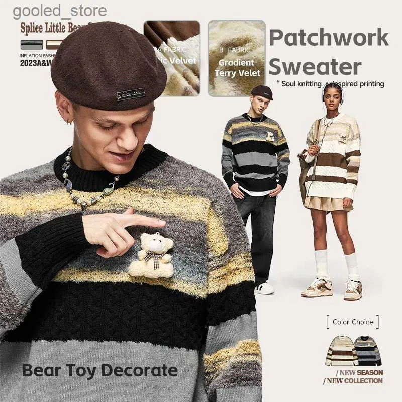 Herrenpullover TION Winter Warm Soft Touch Strickpullover Unisex Vintage Patchwork Rundhalspullover mit Cartoon-Bär Q231115