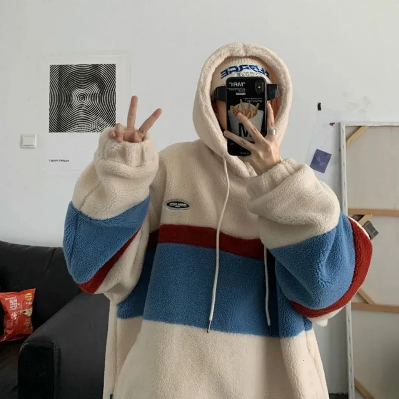 Erkek Hoodies Sweatshirts Japonya Kore tarzı moda erkekler Patchwork şerit şerit kapüşmeli erkek gevşek katlar öğrenci rahat üst kısımlar 231114