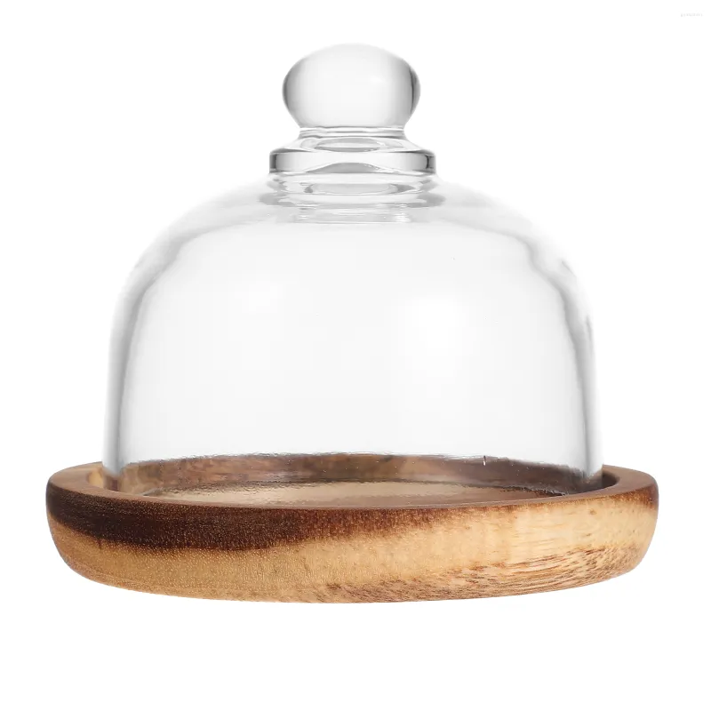 Servis uppsättningar Cake Pan Glass Stand Lid Server Dome Display Tray Cover Wood