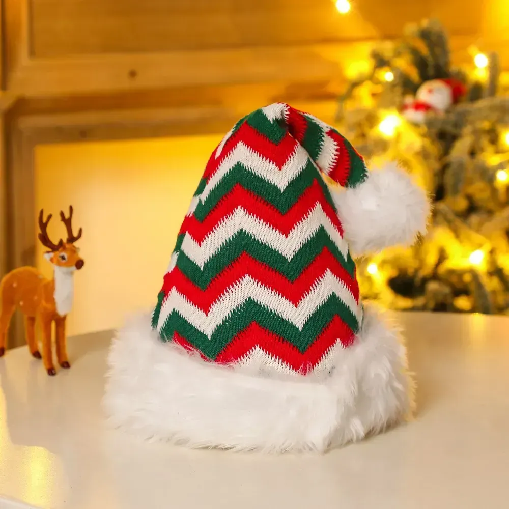 Chapeau de noël rouge en peluche douce rayé, chapeaux de flocon de neige, casquette de Cosplay du père noël pour enfants et adultes, casquettes de décoration de fête de noël 1115