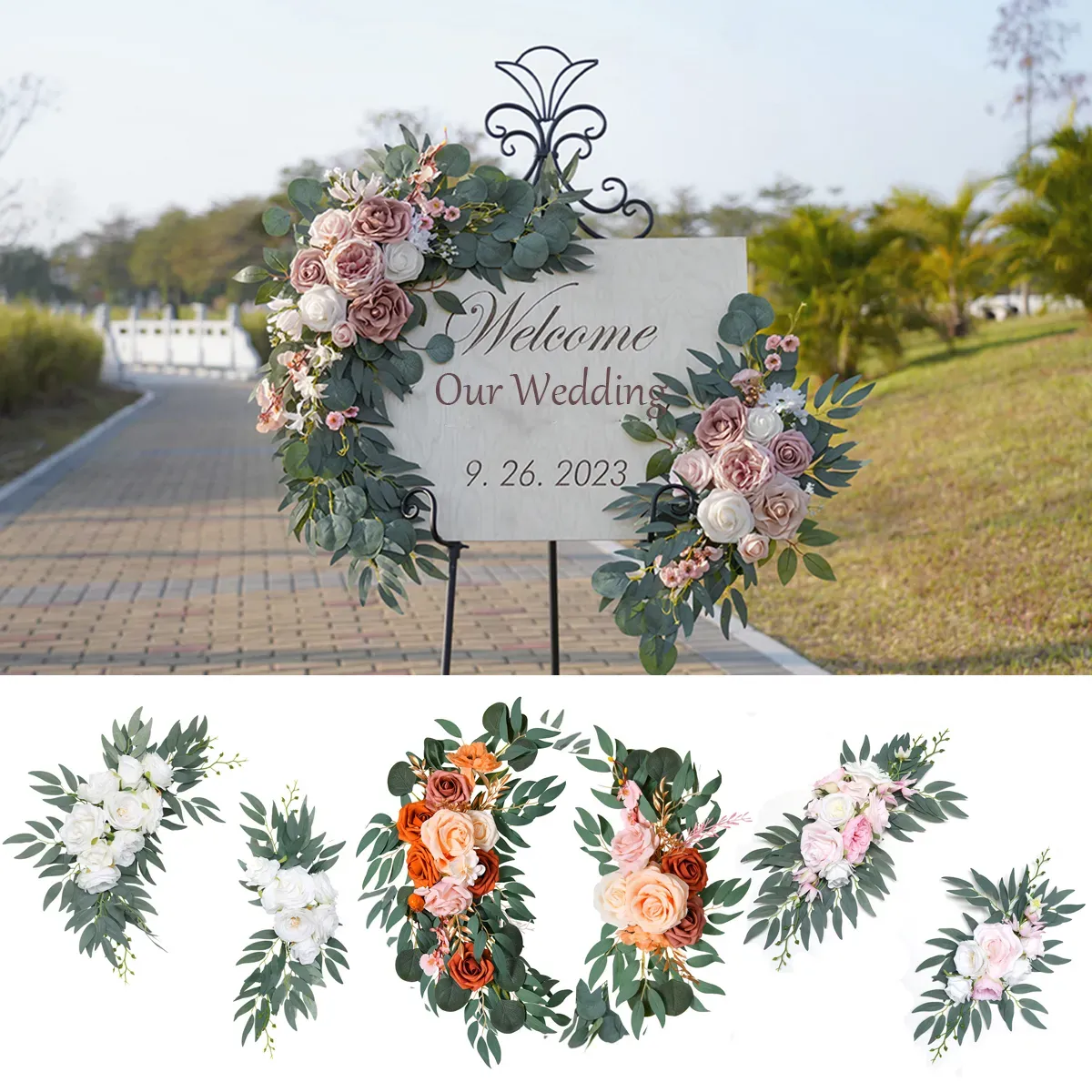 Kit de flores artificiais para arco de casamento, boho empoeirado, rosa, azul, eucalipto, guirlanda, cortinas para decoração de casamento, sinal de boas-vindas