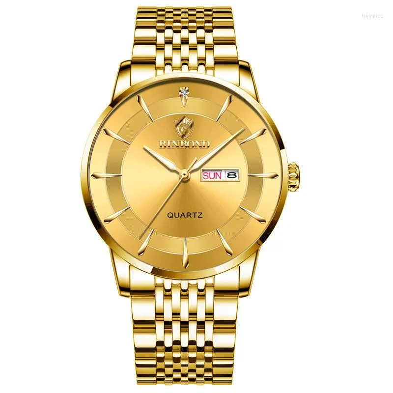 Wristwatches Quartz Watch For Men Golden Fashion Design Stainless Steel Male Watches Analog Clock Week With Luminous Hands