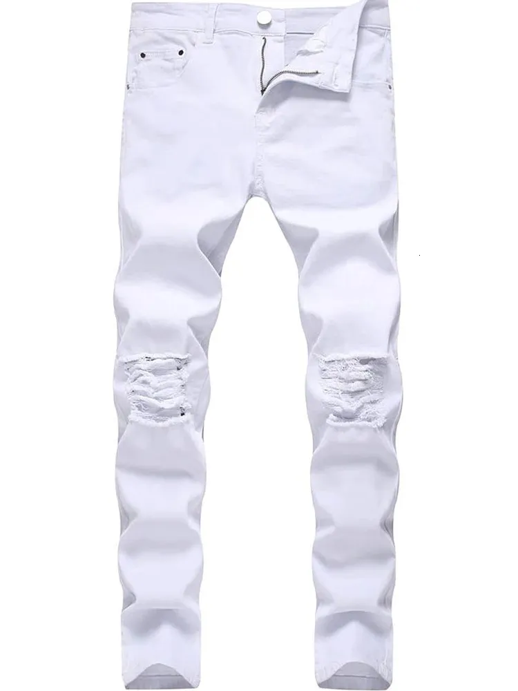 Men s jeans longbida smala fit rippade knähål magiska nödställda och stretchiga avsmalnande denimbyxor 231113