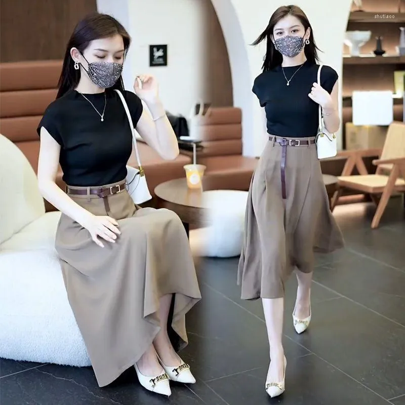 Work Dresses Two-piece Suit Korean Fashion Skirt Sets 2 Pieces Outfits Set Women Temperament Lady T Shirt Tops And Long Skirts Suits Q587