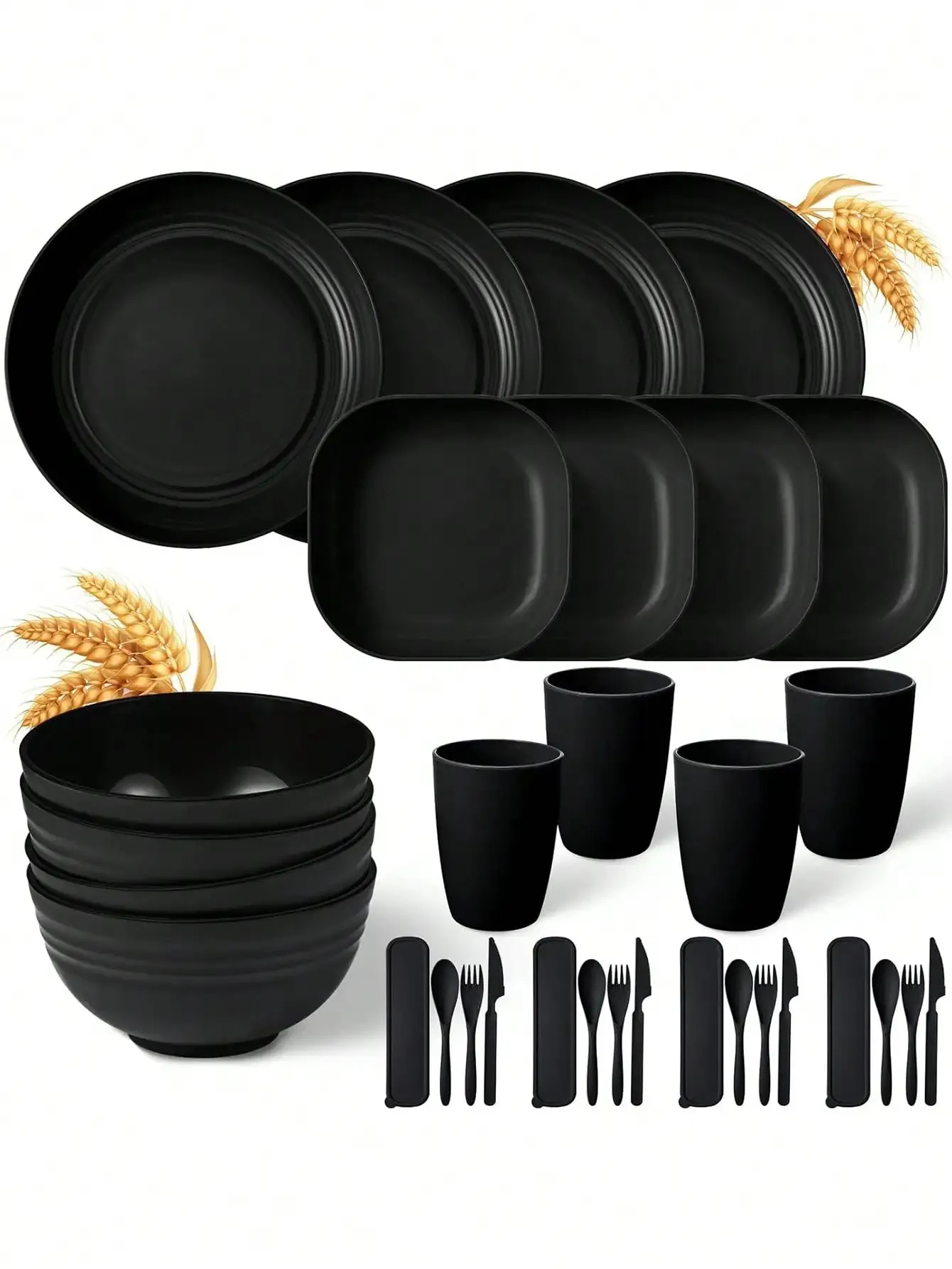 Storage Boxes Bins 32pcs Black plastic cutlery set plates spitting dishes bowl cups 4 sets for outdoor camping party 231115