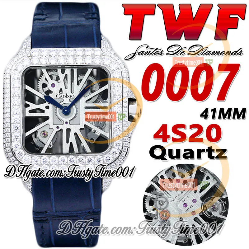TWF TWD0007 Swiss Ronda 4S20 Relógio masculino de quartzo totalmente gelado moldura de diamantes grandes marcadores romanos mostrador esqueleto pulseira de couro azul super edição trustytime001Relógios