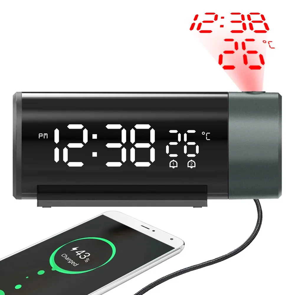 Relojes de mesa de escritorio Reloj despertador digital LED Rotación de 180 ° Proyector de mesa electrónico Reloj Proyección de tiempo Dormitorio Mesita de noche Reloj con retroiluminación automática 231115