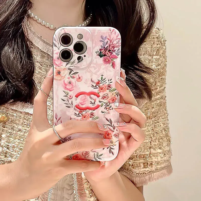 iPhone 14Pro 14Plus 13 Pro Max 12 11Pro Letter G 소프트 쉘 XR XS 7 8 Plus Vintage Style iPhone 케이스 용 Pink Flower Luxury Designer Phone Case Case Case