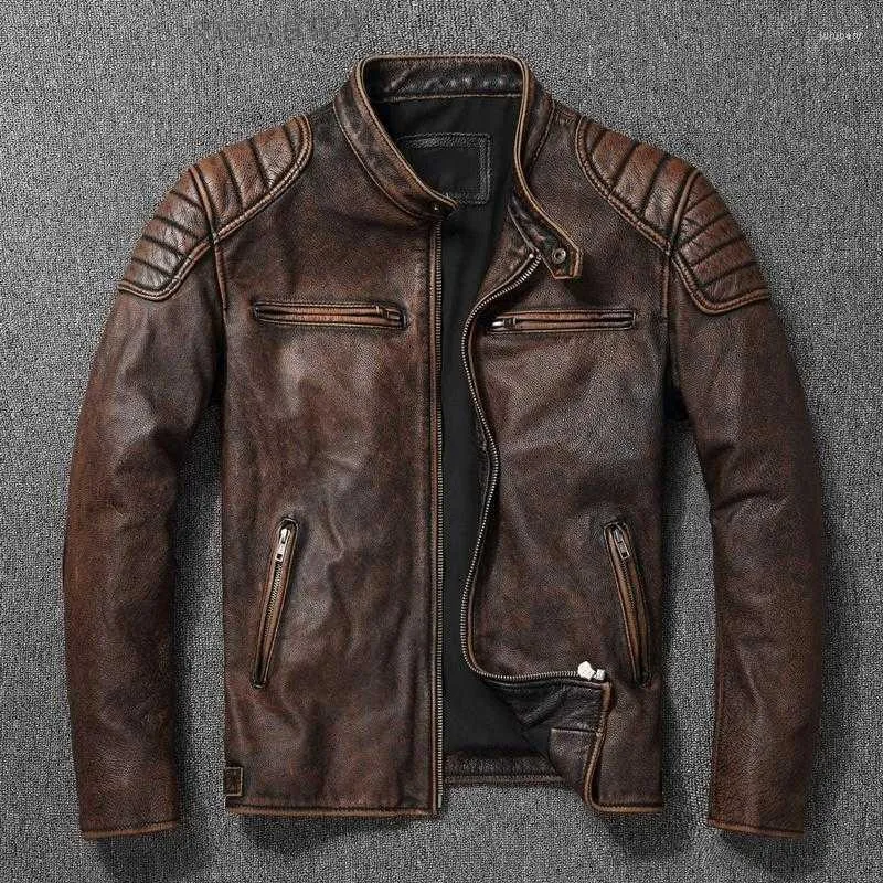 2023Men's Jackets Vintage Yellow Brown Real Cowhide Genuine Leather Jacket Men Motorcycle Coat Mens Biker Clothes Spring Autumn Asian Size 6XL