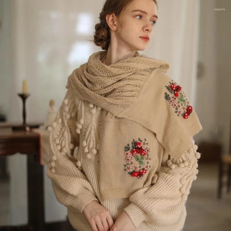 Scarves 132cm Length Autumn Spring Women All-match Handmade Crochet Floral Embroidered Knitted Woolen Scarf/Cape