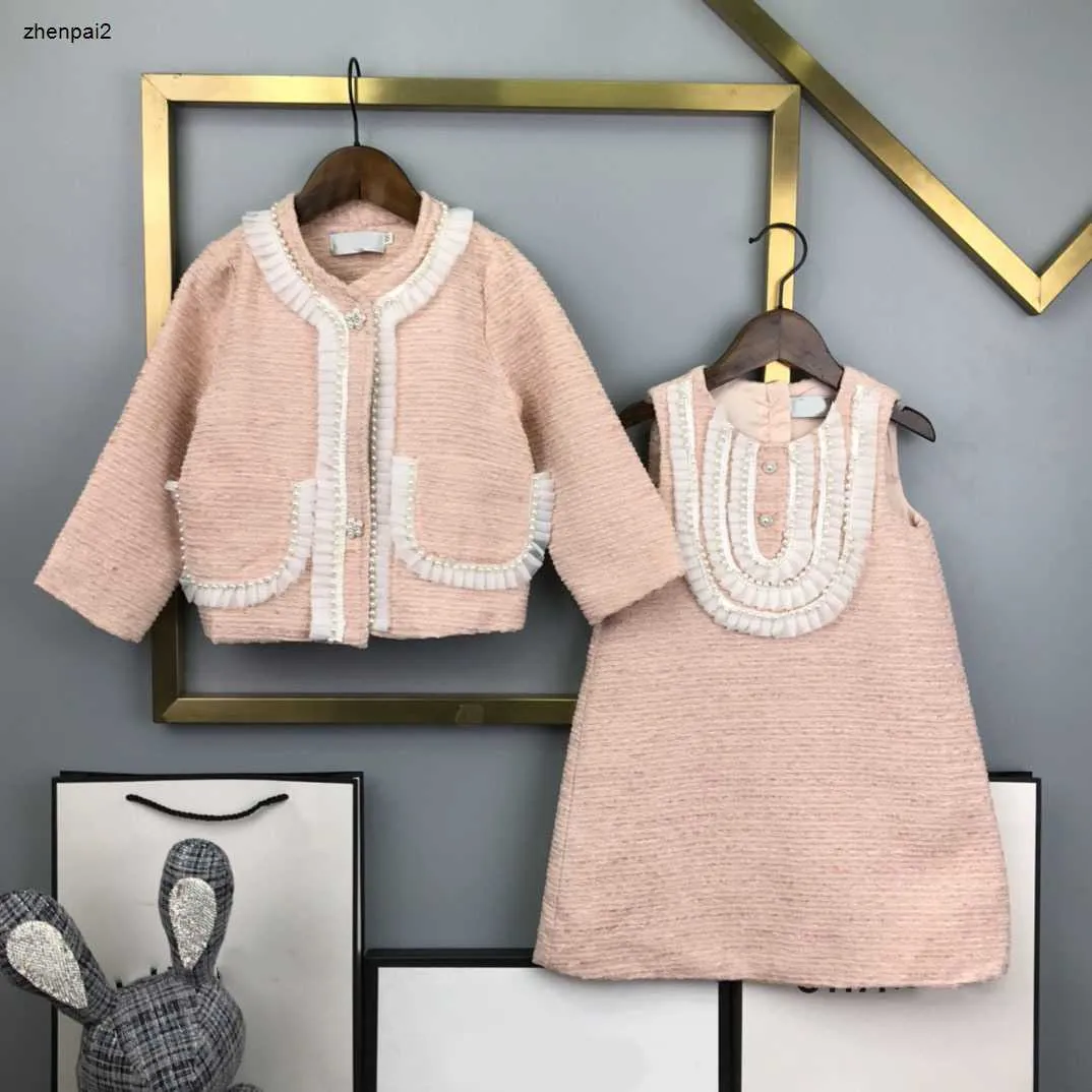 Luxury Girl Dresses Designer Kids Party Dress Size 100-150 Pearl Pleated Lace Decoration Baby Jacket och ärmlös kjol nov15