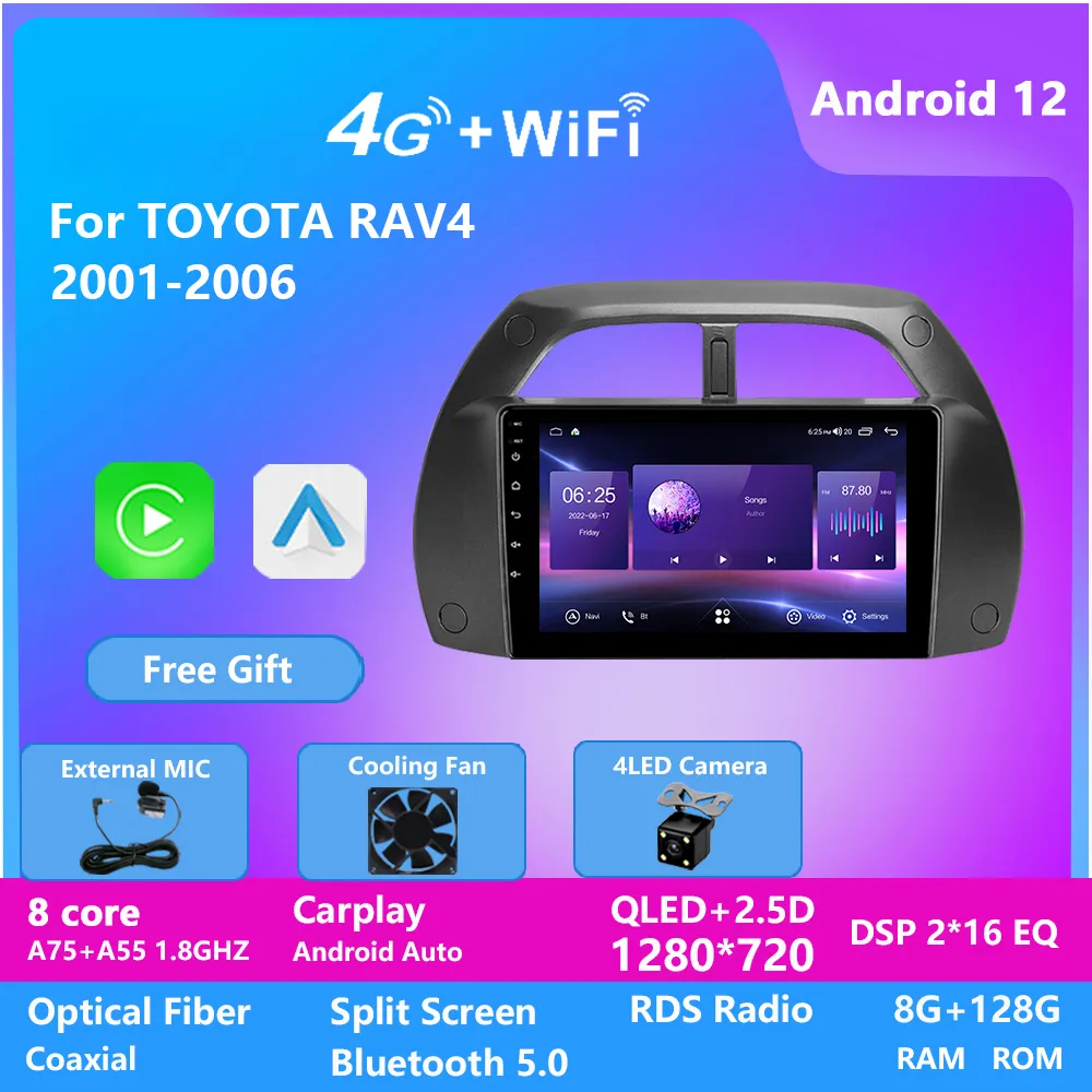 カーラジオマルチメディア2ディンビデオハンズフリーアンドロイド12 9インチGPS Bluetooth WiFi for Toyota Rav4 2001-2006