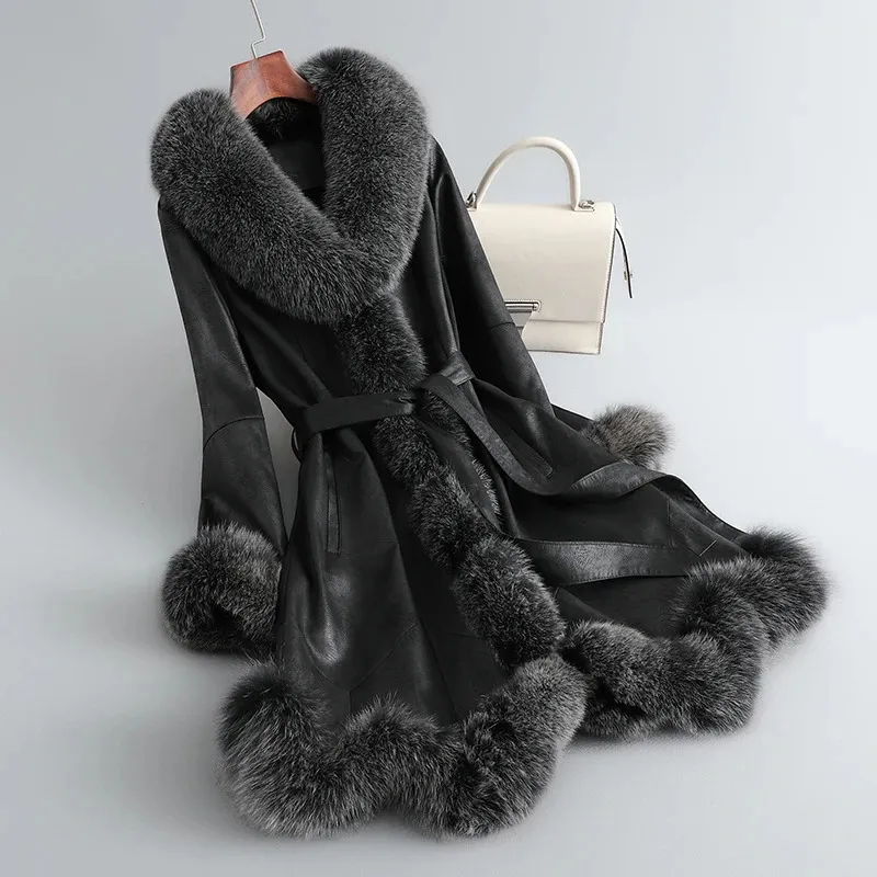 Women's Fur Faux Lady Luxury Collar Long Jacket Women Girl Real Rabbit Leather Warm Full Pelt Coat Overcoat Parka JT3303 231114