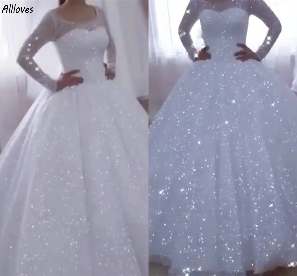 Scintillanti paillettes bianco avorio abito da ballo abiti da sposa gioiello collo maniche lunghe abiti da sposa musulmani soffio lungo strascico moderno taglie forti abiti da sposa sposa CL2927