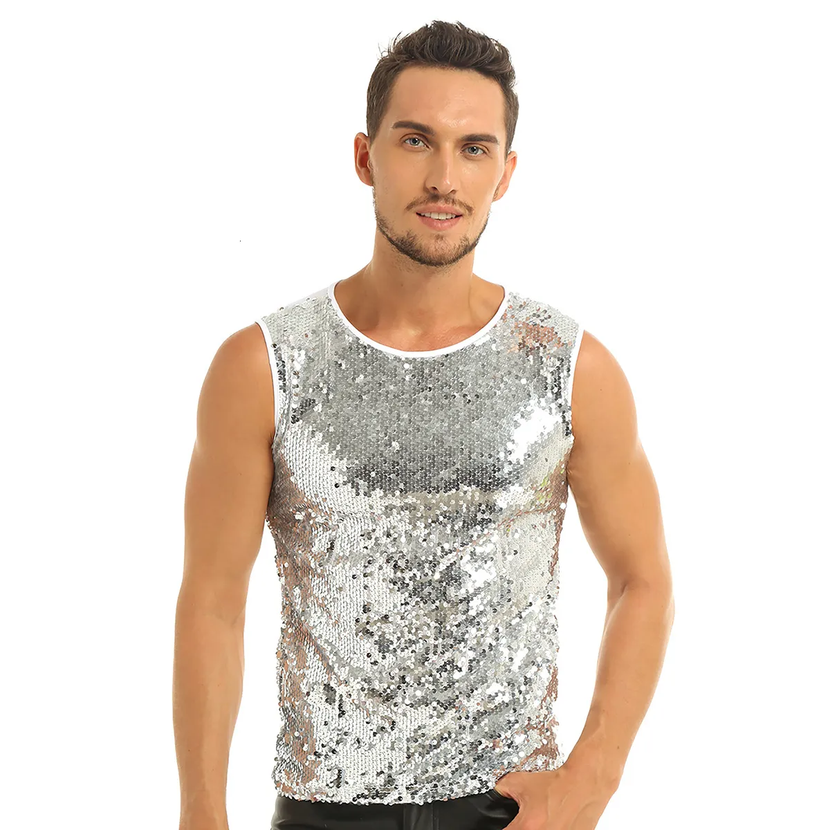 Erkek Tank Tops Erkek Yaz Kolsuz Crew Boyun Sequin İnce Yelek Top Tee Tişörtleri Festival Rave Party Clubwear 230414