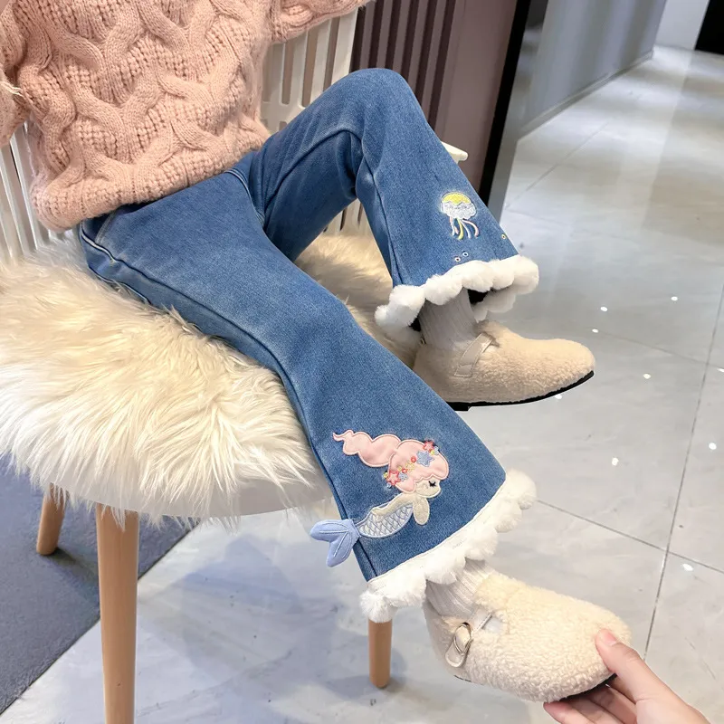 Winter-Fleece-Denim-Schlaghosen für Mädchen, warme, modische Hosen