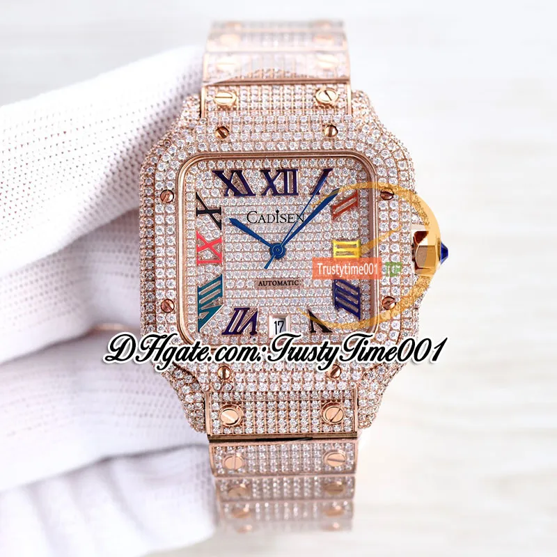 SF SFW0007, gepflasterte Diamanten, japanische Miyota-Automatik-Herrenuhr, vollständig vereister Diamant-Regenbogen-Römisches Zifferblatt, Roségold, Stahlarmband, Schmuck. Super trustytime001Watches