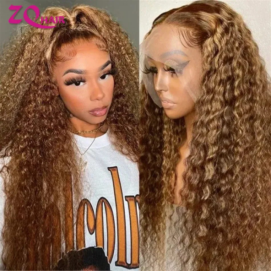 Syntetyczne wskaźnik Blue Biegle Human Hair Curly Ombre Honey Blond Water Wave 360 ​​13x6 HD Lace Frontal Front 231115