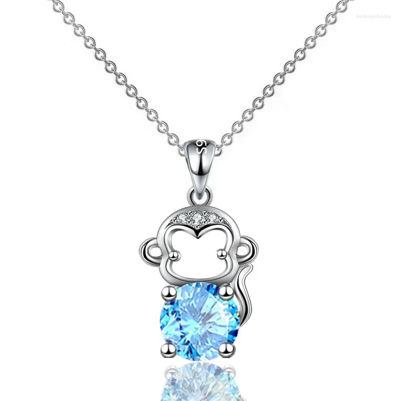 Pendentifs KOFSAC 12 collier de singe du zodiaque chinois pour femmes chaîne femme S925 argent beaux colliers doux Zircon bleu pendentif bijoux