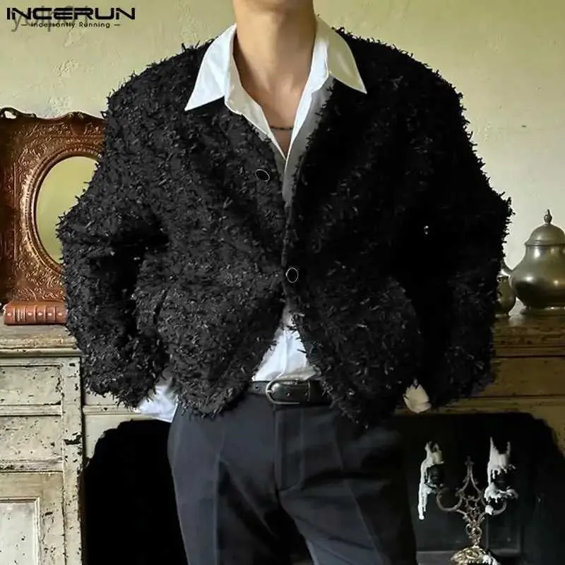 Men's Jackets Tops 2023 Korean Style Fashion Mens Fluffy Fabric Cropped Blazers Leisure Streetwear Solid Long Sled Suit Coats S-5XLL231115