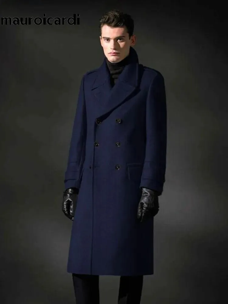 Men 'blandar Mauroicardi Autumn Winter Long Warm SMART Casual Navy Blue Black Woolen Coat Men Double Breasted Luxury Overrock 231114