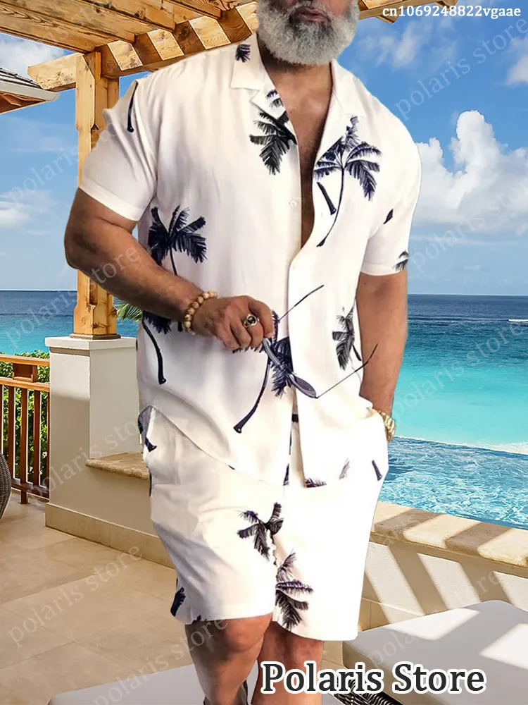 Chándales para hombre Ropa de playa de verano Ropa para hombres Conjunto de camisa hawaiana Conjunto de 2 piezas Camisas con botones Camisetas con estampado de árbol de coco Vacaciones 230414