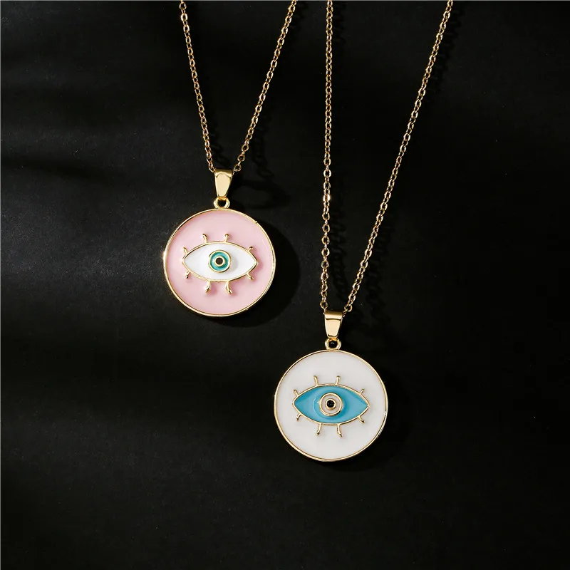 S03577 Copper Gold Plaid Enamel Turkish Blue Eye Round Pendant Necklace For Women Evil Eyes Choker Necklaces